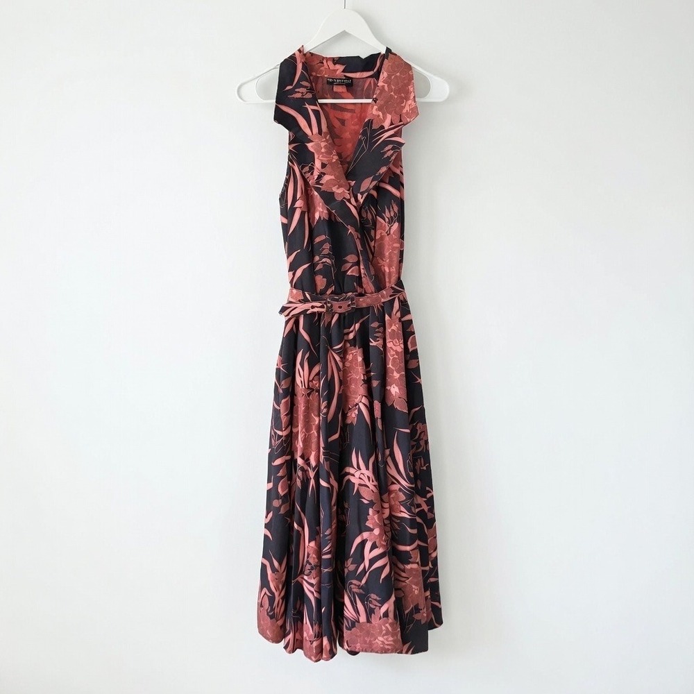 Vintage PK's Kloset Tropical Floral Midi Dress Sleeveless Belted Dress Large
